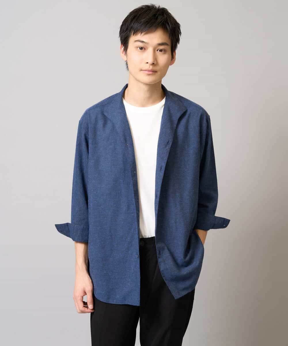 KHBGA33059 a.v.v MEN(アー・ヴェ・ヴェ) 【接触冷感/イージーケア】リネン混8分袖スタンドカラーシャツ【洗える/ストレッチ/速乾】 ネイビー