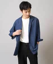 KHBGA33059 a.v.v MEN(アー・ヴェ・ヴェ) 【接触冷感/イージーケア】リネン混8分袖スタンドカラーシャツ【洗える/ストレッチ/速乾】 ネイビー