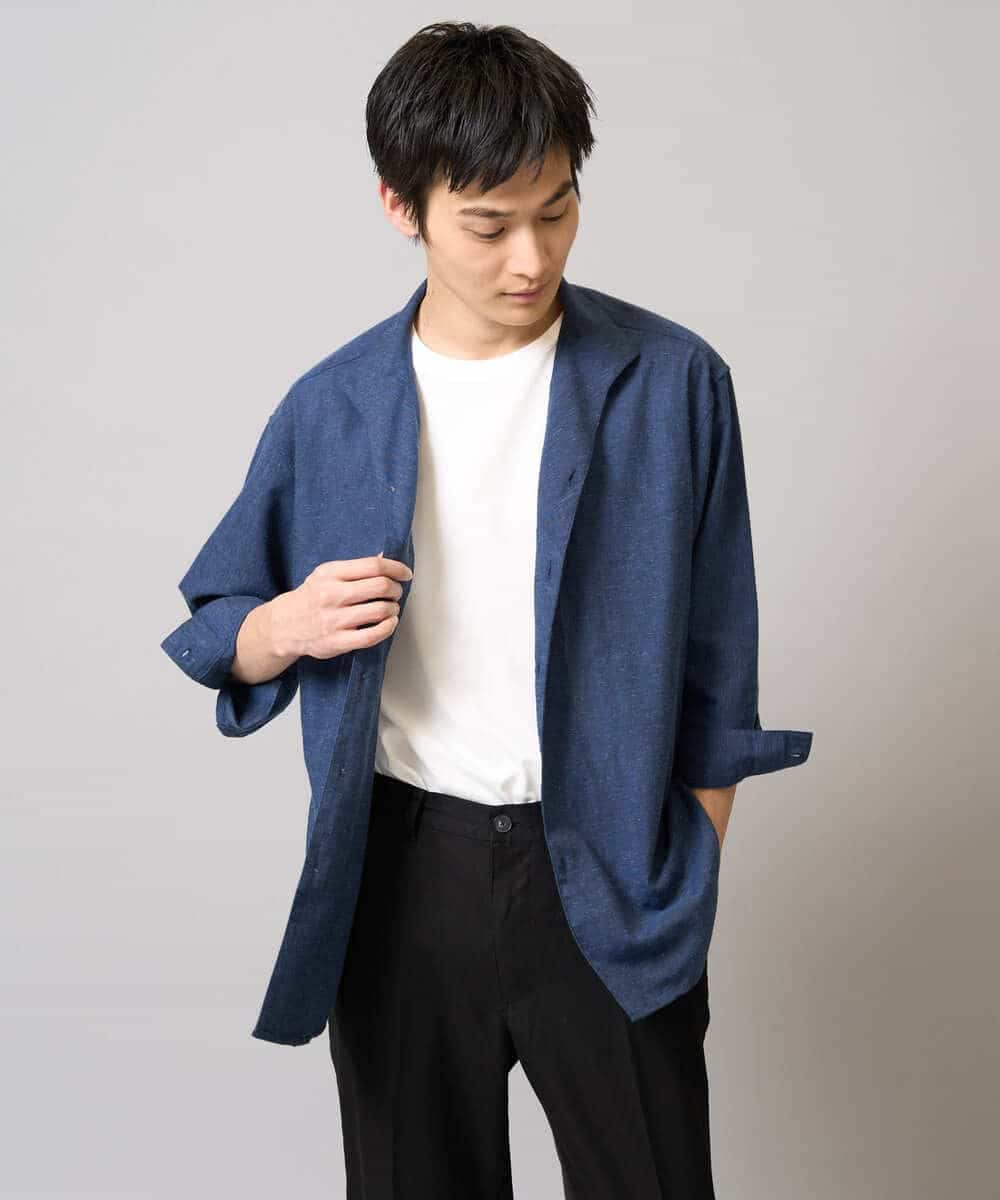 KHBGA33059 a.v.v MEN(アー・ヴェ・ヴェ) 【接触冷感/イージーケア】リネン混8分袖スタンドカラーシャツ【洗える/ストレッチ/速乾】 ネイビー