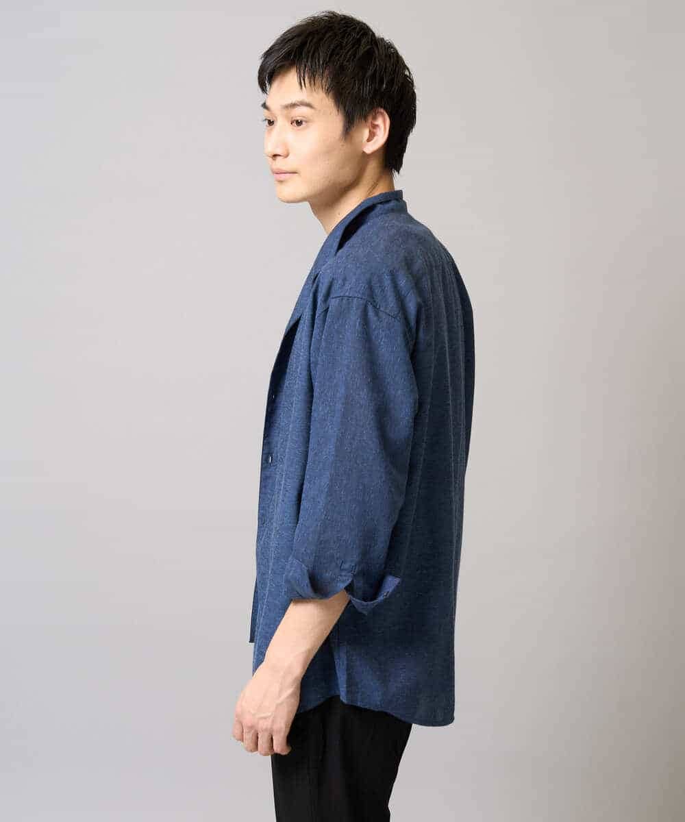 KHBGA33059 a.v.v MEN(アー・ヴェ・ヴェ) 【接触冷感/イージーケア】リネン混8分袖スタンドカラーシャツ【洗える/ストレッチ/速乾】 ネイビー
