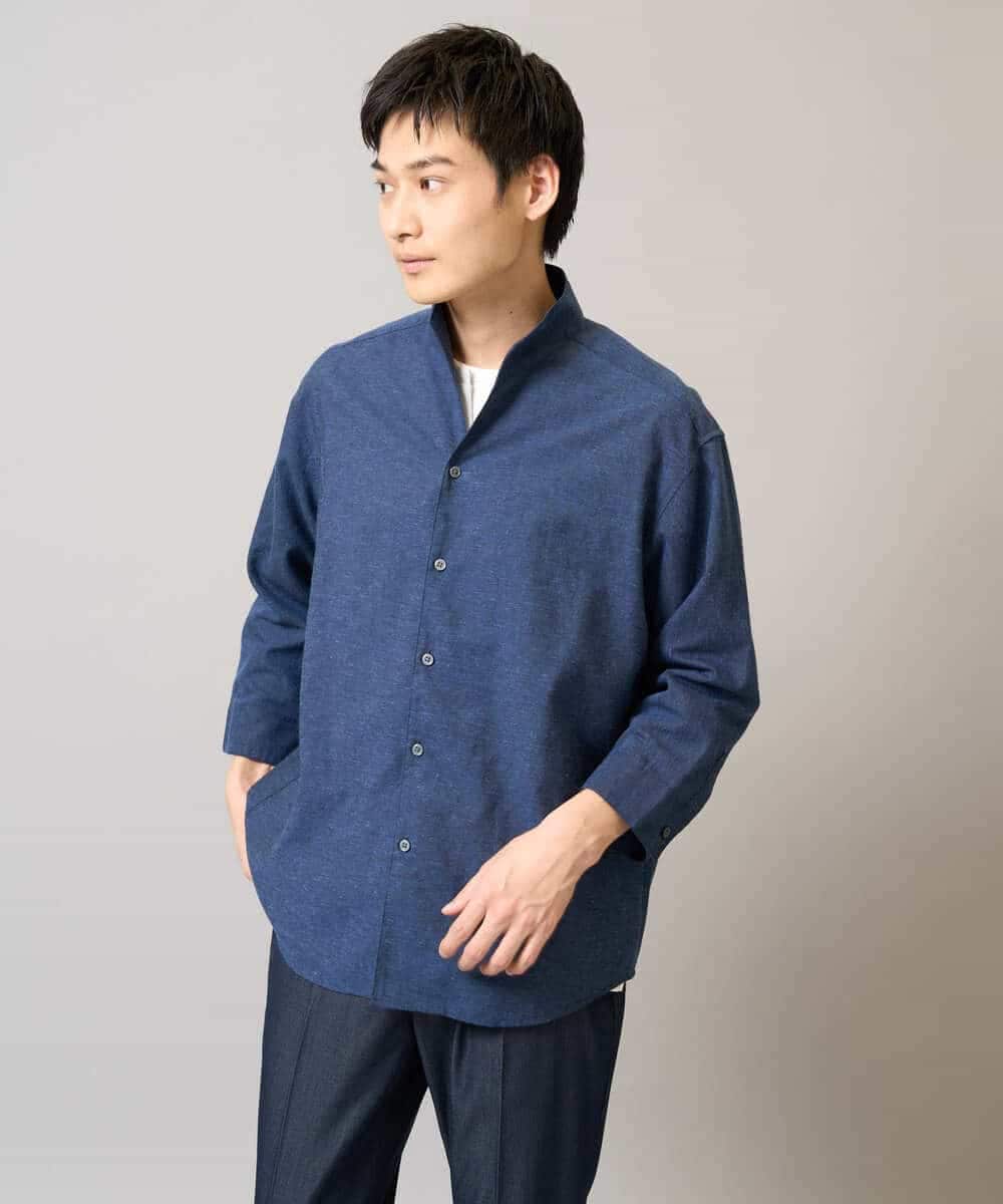 KHBGA33059 a.v.v MEN(アー・ヴェ・ヴェ) 【接触冷感/イージーケア】リネン混8分袖スタンドカラーシャツ【洗える/ストレッチ/速乾】 ネイビー