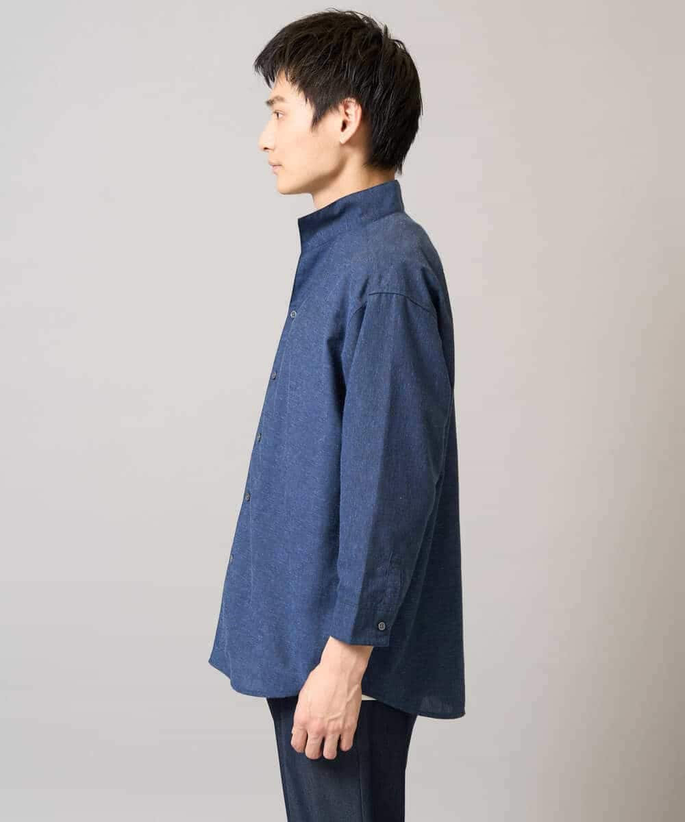 KHBGA33059 a.v.v MEN(アー・ヴェ・ヴェ) 【接触冷感/イージーケア】リネン混8分袖スタンドカラーシャツ【洗える/ストレッチ/速乾】 ネイビー