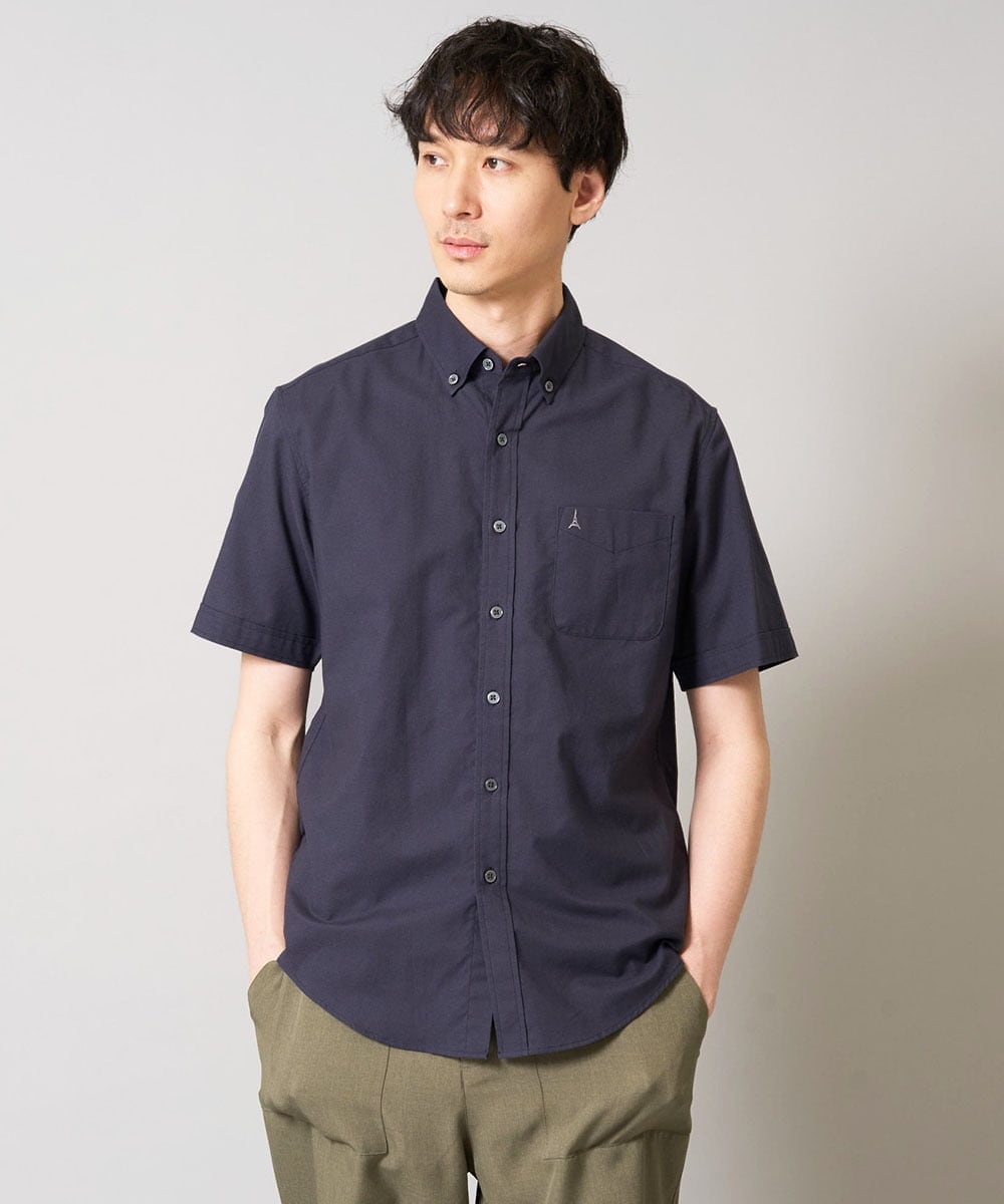 KHBGA43049 a.v.v MEN(アー・ヴェ・ヴェ) 【接触冷感/イージーケア】オックス　ワンポイント刺繍半袖シャツ【速乾/毛玉になりにくい】 ネイビー