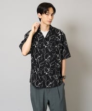 KHBGA48064 a.v.v MEN(アー・ヴェ・ヴェ) 【イージーケア/速乾/接触冷感】線画プリント五分袖オープンカラーシャツ ブラック