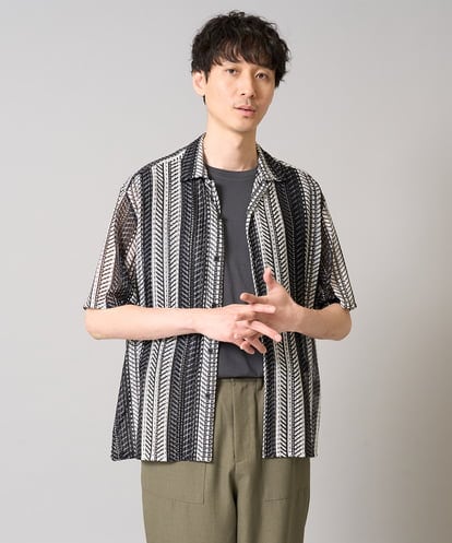 KHBGA61069 a.v.v MEN 【洗える】ランダムストライプ五分袖オープンカラーシャツ
