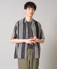 KHBGA61069 a.v.v MEN(アー・ヴェ・ヴェ) 【洗える】ランダムストライプ五分袖オープンカラーシャツ ブラック