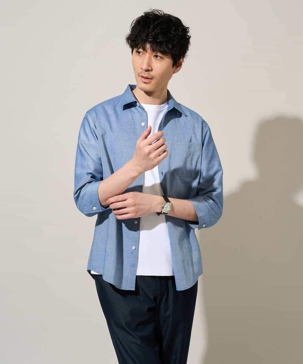 KHBGD30054 a.v.v MEN(アー・ヴェ・ヴェ) 【イージーケア/洗濯機で洗える/速乾/接触冷感/ストレッチ】ポリエステルアサシチブソデシャツ ブルー