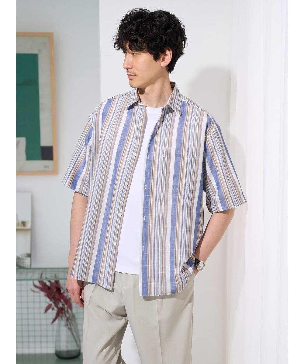 KHBGD35069 a.v.v MEN(アー・ヴェ・ヴェ) サラッと涼しい 5分袖マルチストライプワイドシルエットシャツ【洗濯機で洗える】 ブルー