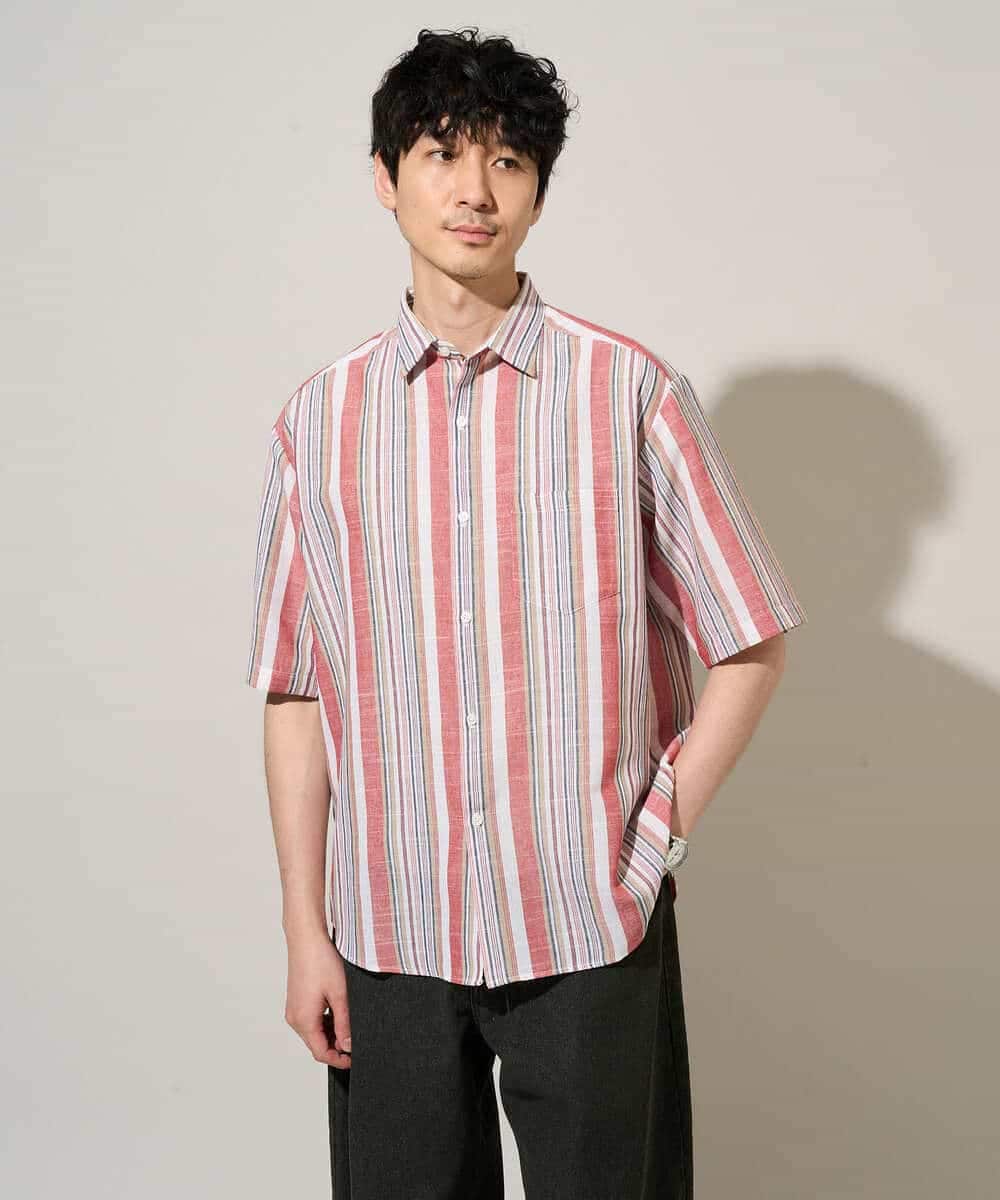 KHBGD35069 a.v.v MEN(アー・ヴェ・ヴェ) 【洗濯機で洗える】マルチストライプワイドシルエットシャツ レッド