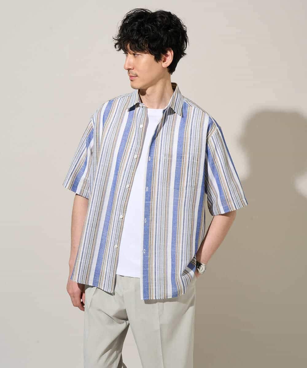 KHBGD35069 a.v.v MEN(アー・ヴェ・ヴェ) 【洗濯機で洗える】マルチストライプワイドシルエットシャツ ブルー