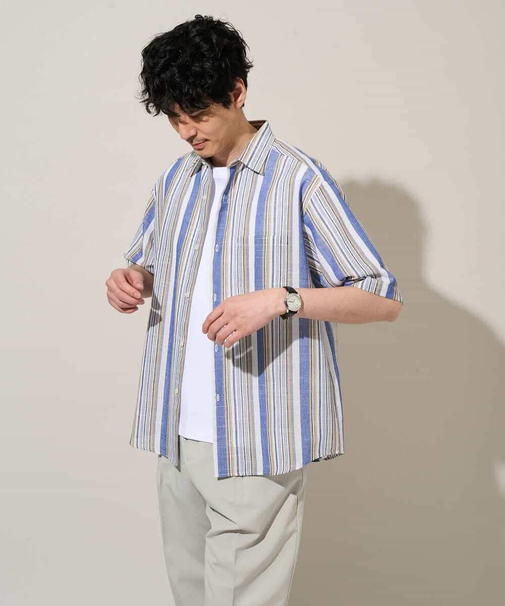 KHBGD35069 a.v.v MEN(アー・ヴェ・ヴェ) 【洗濯機で洗える】マルチストライプワイドシルエットシャツ ブルー