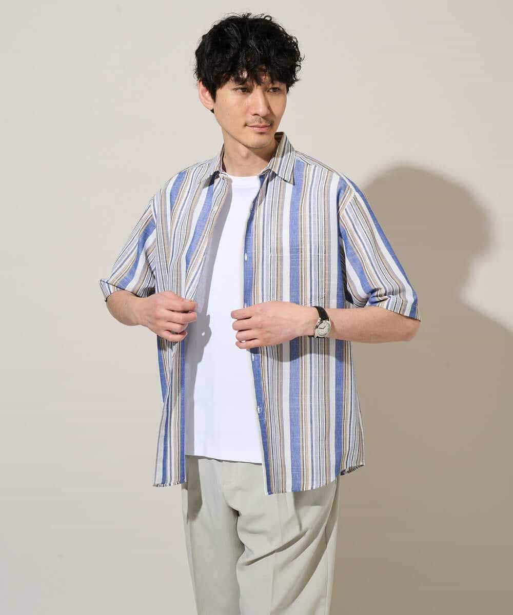 KHBGD35069 a.v.v MEN(アー・ヴェ・ヴェ) 【洗濯機で洗える】マルチストライプワイドシルエットシャツ ブルー
