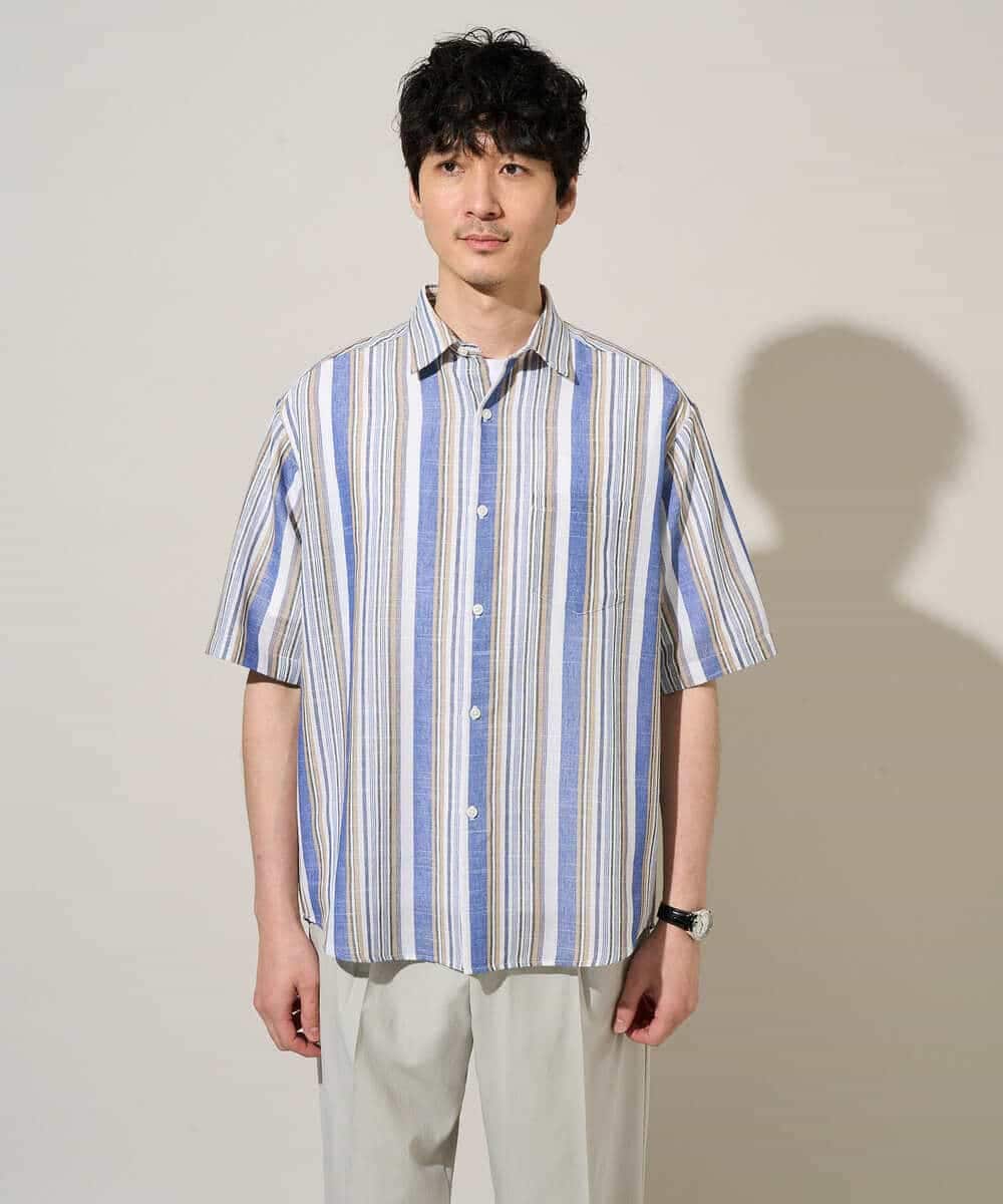 KHBGD35069 a.v.v MEN(アー・ヴェ・ヴェ) 【洗濯機で洗える】マルチストライプワイドシルエットシャツ ブルー