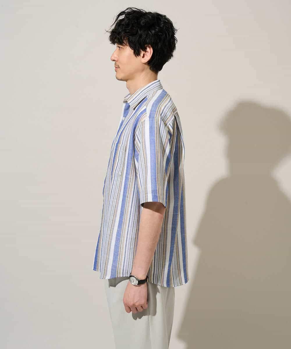 KHBGD35069 a.v.v MEN(アー・ヴェ・ヴェ) 【洗濯機で洗える】マルチストライプワイドシルエットシャツ ブルー