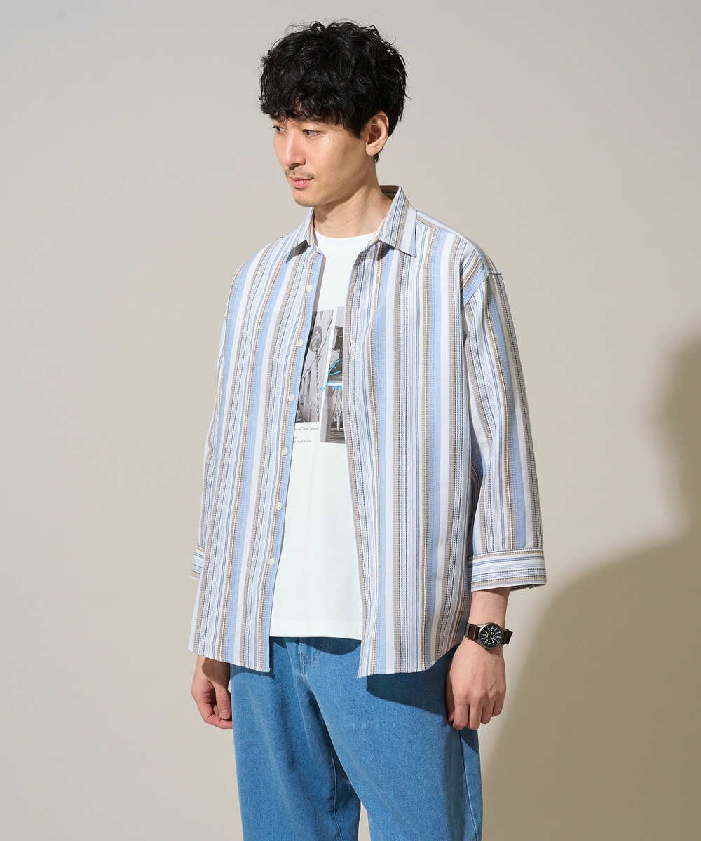 KHBGD36064 a.v.v MEN(アー・ヴェ・ヴェ) 【洗濯機で洗える】カラーストライプシチブソデシャツ オレンジ