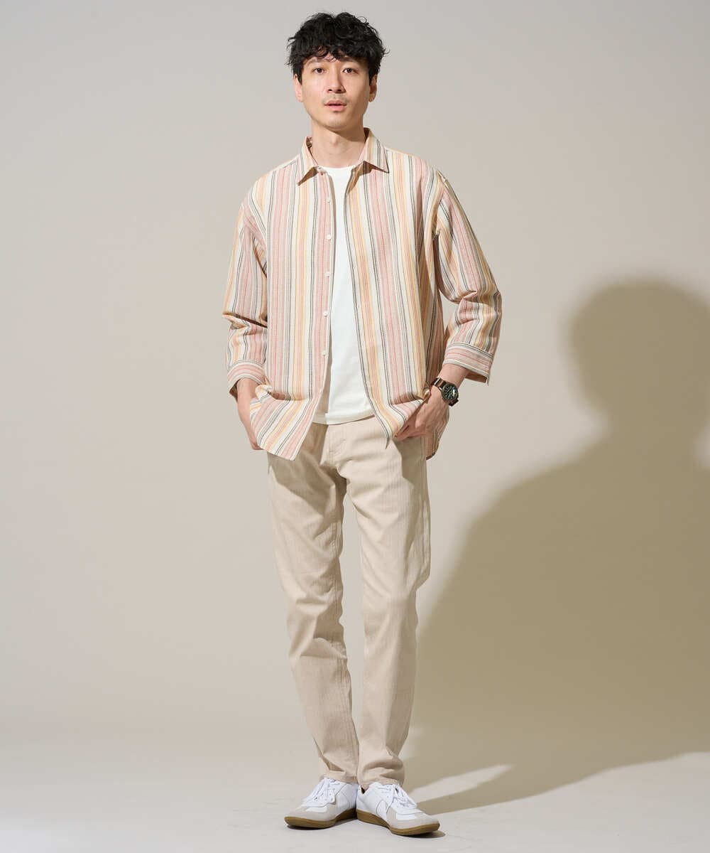 KHBGD36064 a.v.v MEN(アー・ヴェ・ヴェ) 【洗濯機で洗える】カラーストライプシチブソデシャツ オレンジ