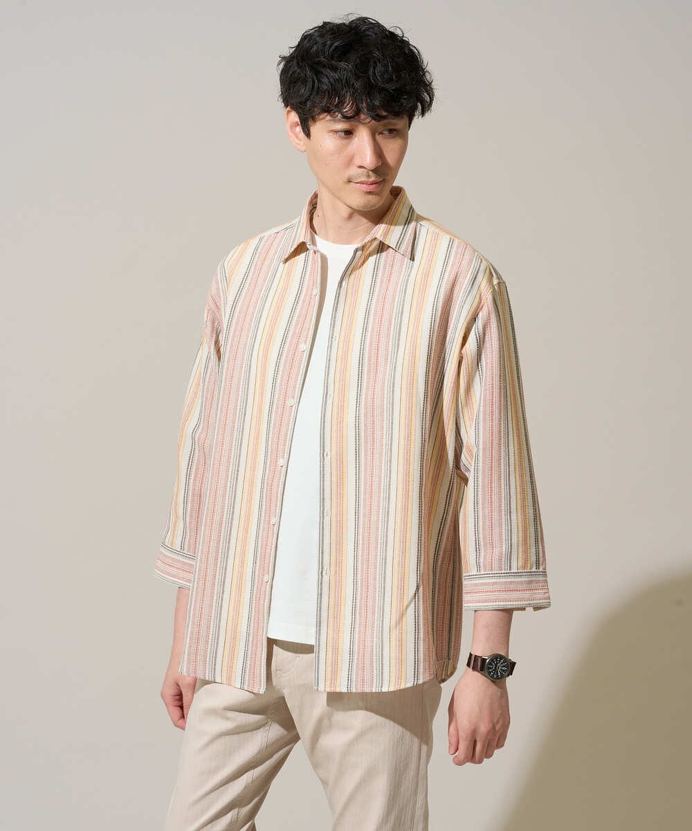 KHBGD36064 a.v.v MEN(アー・ヴェ・ヴェ) 【洗濯機で洗える】カラーストライプシチブソデシャツ オレンジ