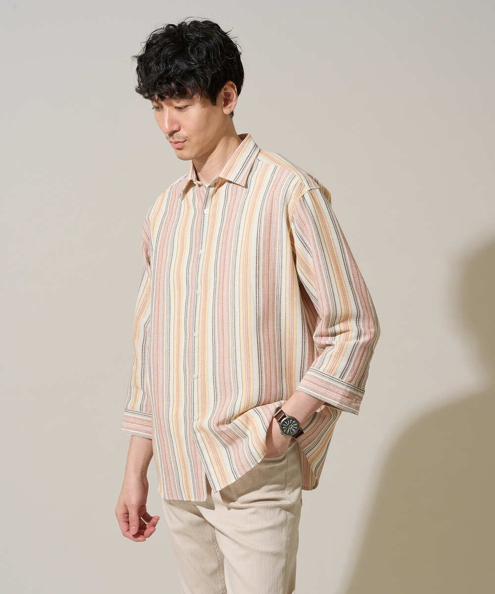 KHBGD36064 a.v.v MEN(アー・ヴェ・ヴェ) 【洗濯機で洗える】カラーストライプシチブソデシャツ オレンジ