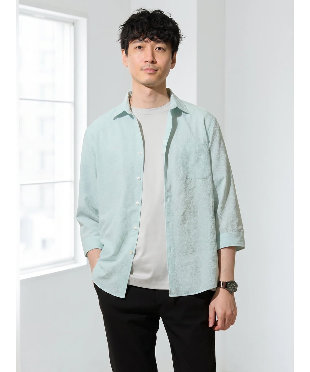 KHBGD37064 a.v.v MEN(アー・ヴェ・ヴェ) ドライシアサッカーシャツ【イージーケア / 洗濯機で洗える / 快適ストレッチ】 グリーン