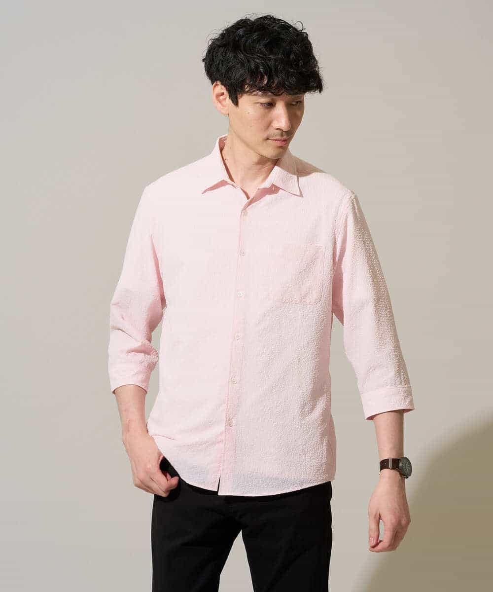 KHBGD37064 a.v.v MEN(アー・ヴェ・ヴェ) 【イージーケア/洗濯機で洗える/毛玉になりにくい/ストレッチ】メッシュシアサッカーシチブソデシャツ ピンク