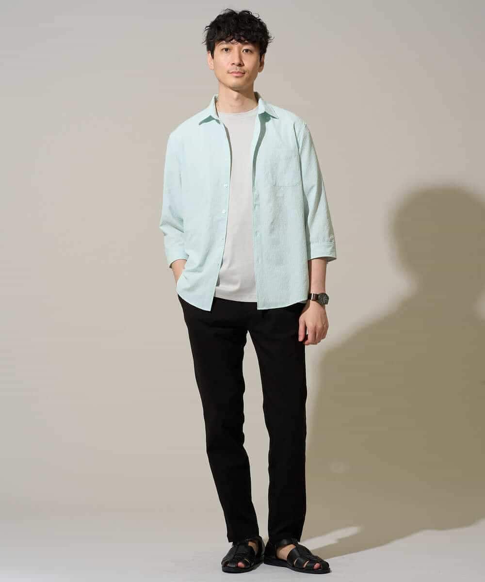 KHBGD37064 a.v.v MEN(アー・ヴェ・ヴェ) 【イージーケア/洗濯機で洗える/毛玉になりにくい/ストレッチ】メッシュシアサッカーシチブソデシャツ ブルー