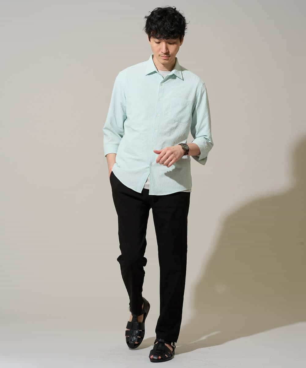 KHBGD37064 a.v.v MEN(アー・ヴェ・ヴェ) 【イージーケア/洗濯機で洗える/毛玉になりにくい/ストレッチ】メッシュシアサッカーシチブソデシャツ ブルー