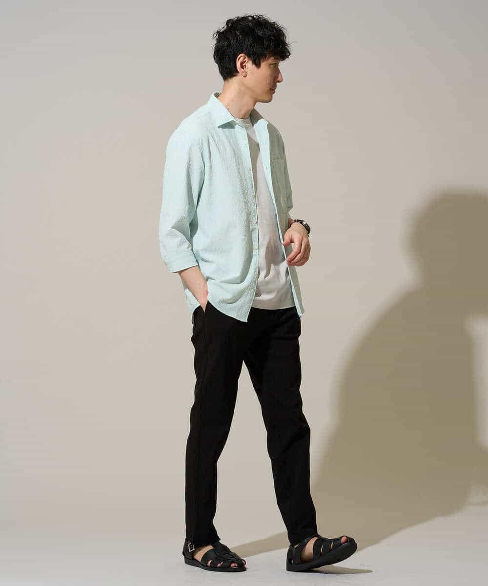 KHBGD37064 a.v.v MEN(アー・ヴェ・ヴェ) 【イージーケア/洗濯機で洗える/毛玉になりにくい/ストレッチ】メッシュシアサッカーシチブソデシャツ ブルー