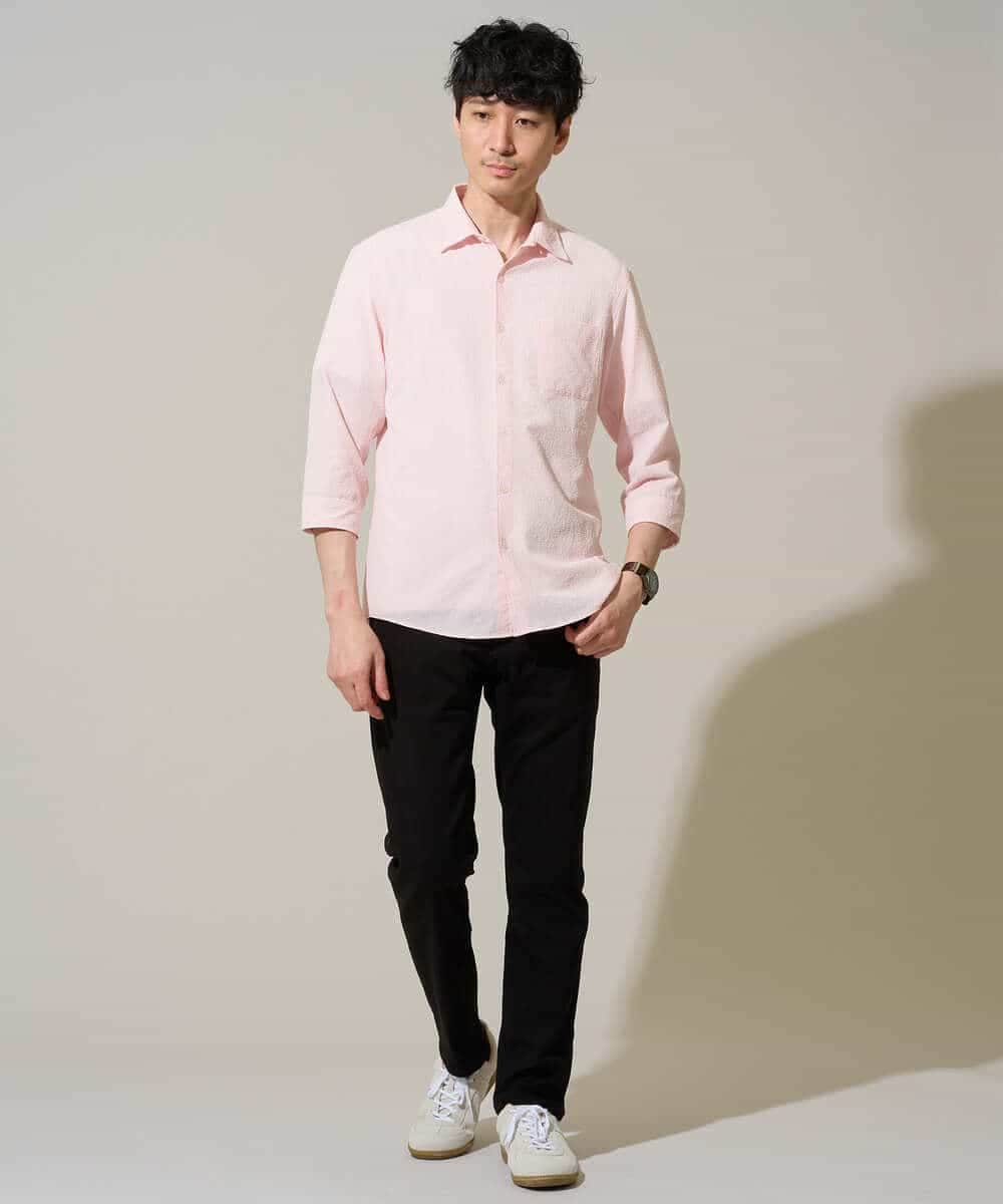 KHBGD37064 a.v.v MEN(アー・ヴェ・ヴェ) 【イージーケア/洗濯機で洗える/毛玉になりにくい/ストレッチ】メッシュシアサッカーシチブソデシャツ ブルー