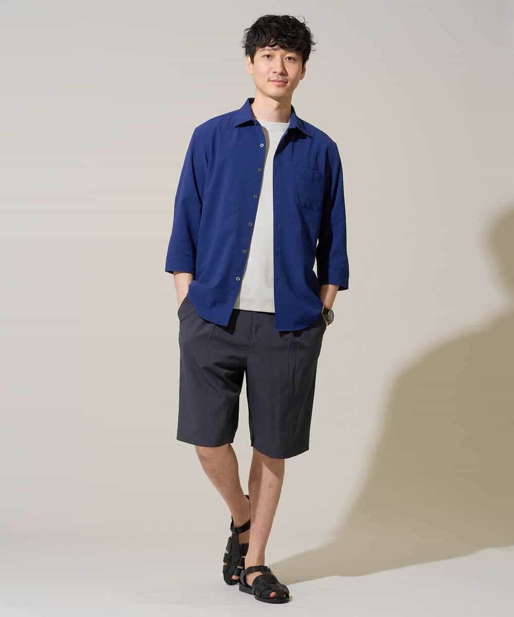 KHBGD37064 a.v.v MEN(アー・ヴェ・ヴェ) 【イージーケア/洗濯機で洗える/毛玉になりにくい/ストレッチ】メッシュシアサッカーシチブソデシャツ ブルー