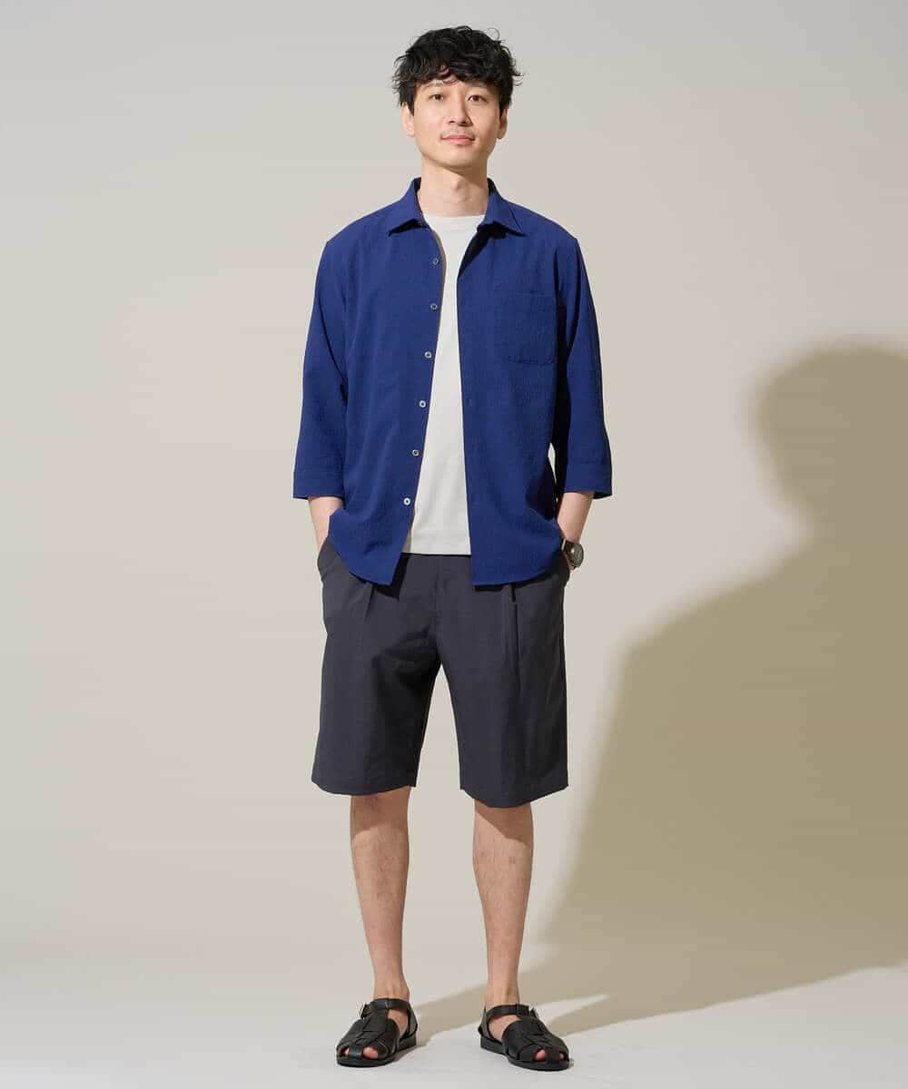 KHBGD37064 a.v.v MEN(アー・ヴェ・ヴェ) 【イージーケア/洗濯機で洗える/毛玉になりにくい/ストレッチ】メッシュシアサッカーシチブソデシャツ ブルー