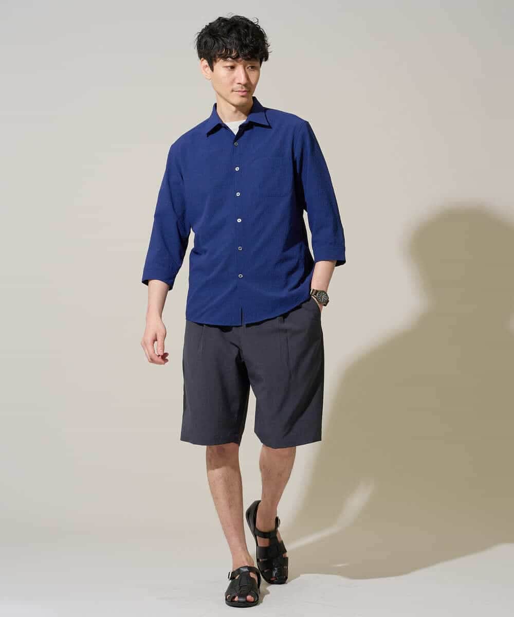 KHBGD37064 a.v.v MEN(アー・ヴェ・ヴェ) 【イージーケア/洗濯機で洗える/毛玉になりにくい/ストレッチ】メッシュシアサッカーシチブソデシャツ ブルー