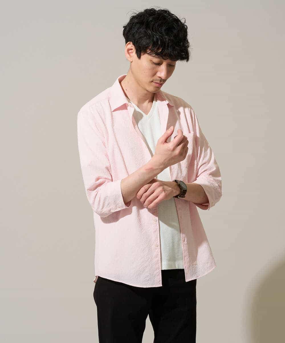 KHBGD37064 a.v.v MEN(アー・ヴェ・ヴェ) 【イージーケア/洗濯機で洗える/毛玉になりにくい/ストレッチ】メッシュシアサッカーシチブソデシャツ ブルー