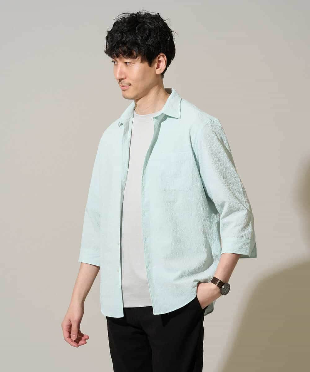 KHBGD37064 a.v.v MEN(アー・ヴェ・ヴェ) 【イージーケア/洗濯機で洗える/毛玉になりにくい/ストレッチ】メッシュシアサッカーシチブソデシャツ ブルー