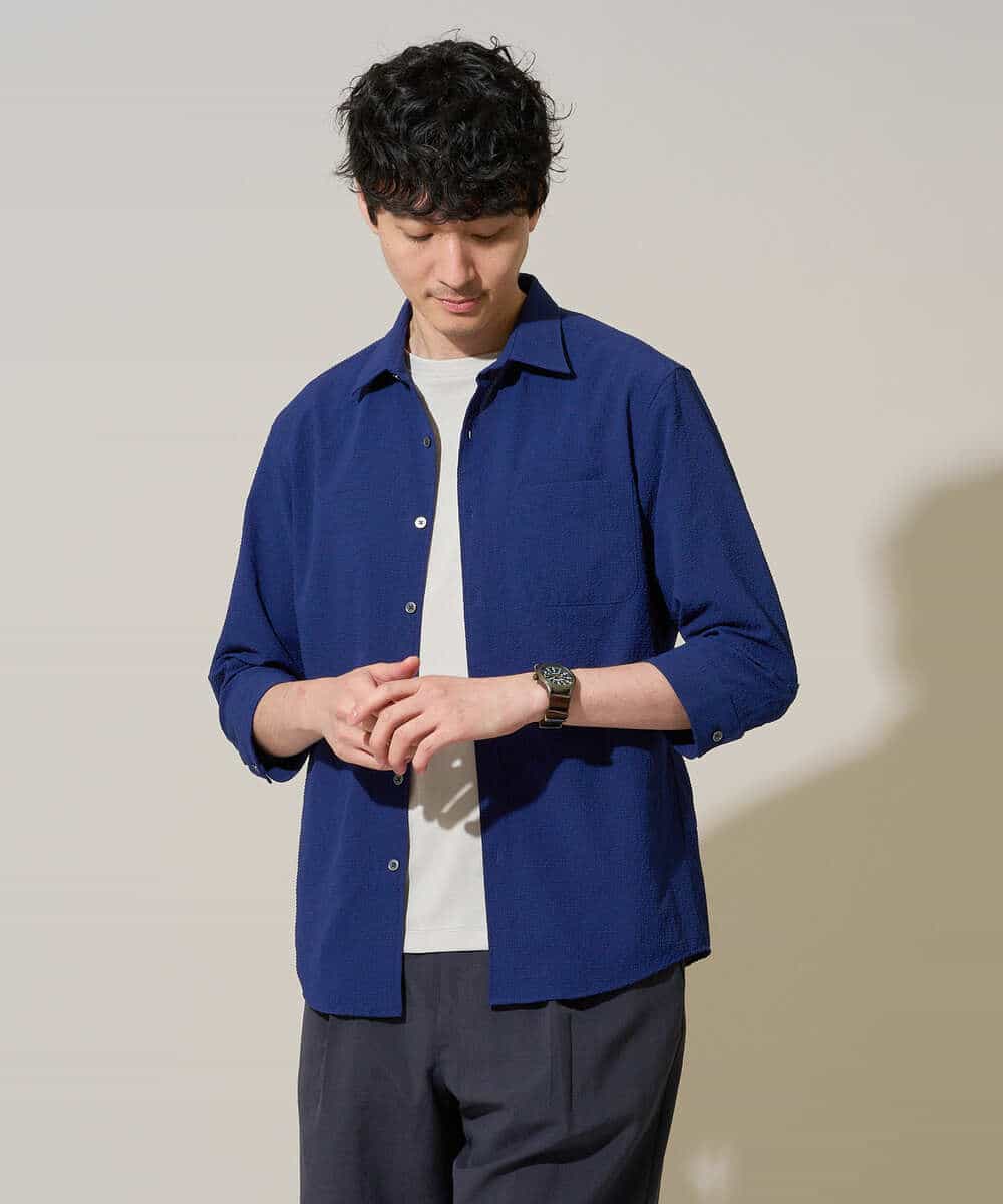 KHBGD37064 a.v.v MEN(アー・ヴェ・ヴェ) 【イージーケア/洗濯機で洗える/毛玉になりにくい/ストレッチ】メッシュシアサッカーシチブソデシャツ ブルー