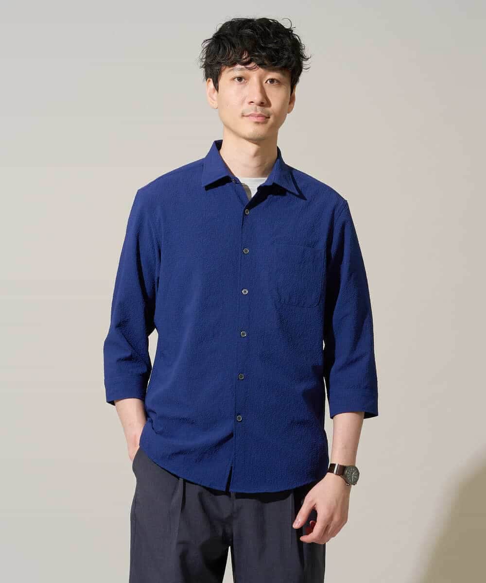 KHBGD37064 a.v.v MEN(アー・ヴェ・ヴェ) 【イージーケア/洗濯機で洗える/毛玉になりにくい/ストレッチ】メッシュシアサッカーシチブソデシャツ ブルー