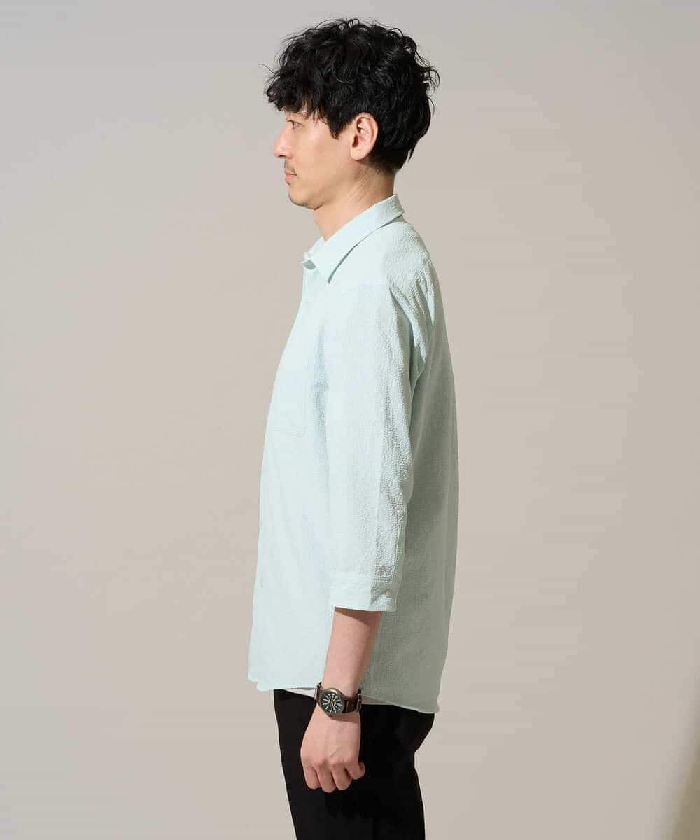 KHBGD37064 a.v.v MEN(アー・ヴェ・ヴェ) 【イージーケア/洗濯機で洗える/毛玉になりにくい/ストレッチ】メッシュシアサッカーシチブソデシャツ ブルー