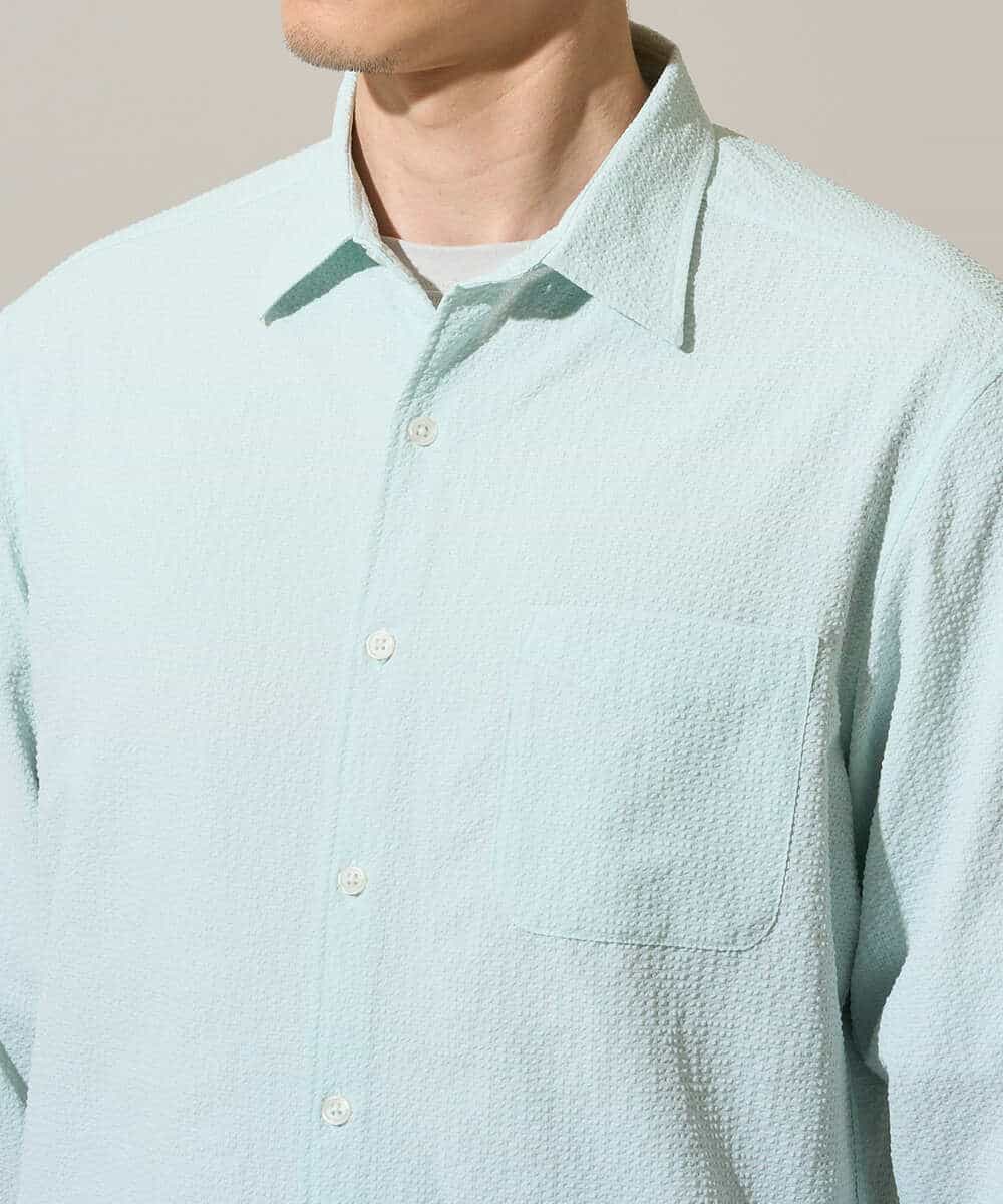 KHBGD37064 a.v.v MEN(アー・ヴェ・ヴェ) 【イージーケア/洗濯機で洗える/毛玉になりにくい/ストレッチ】メッシュシアサッカーシチブソデシャツ ブルー