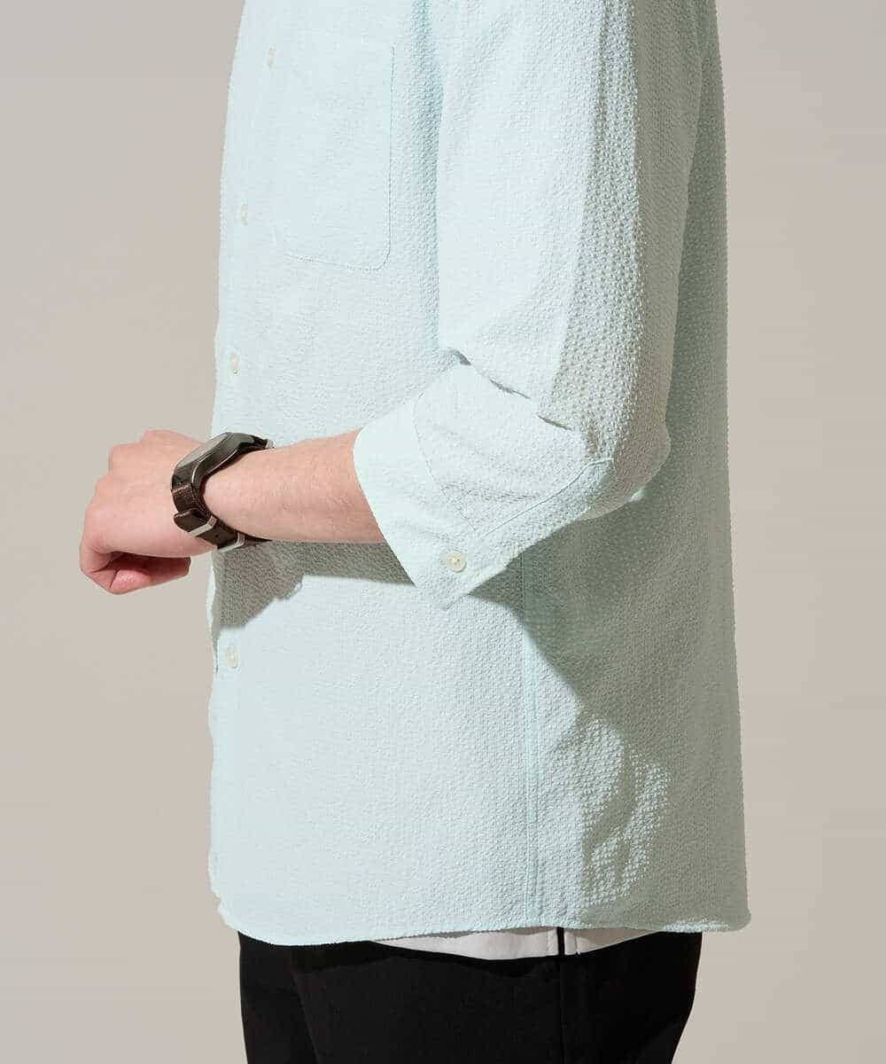 KHBGD37064 a.v.v MEN(アー・ヴェ・ヴェ) 【イージーケア/洗濯機で洗える/毛玉になりにくい/ストレッチ】メッシュシアサッカーシチブソデシャツ ブルー