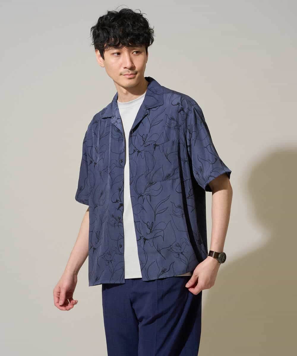 KHBGD48069 a.v.v MEN(アー・ヴェ・ヴェ) 【イージーケア/洗濯機で洗える/速乾/接触冷感/毛玉になりにくい】センガプリントゴブソテオープンカラーシャツ ブルー