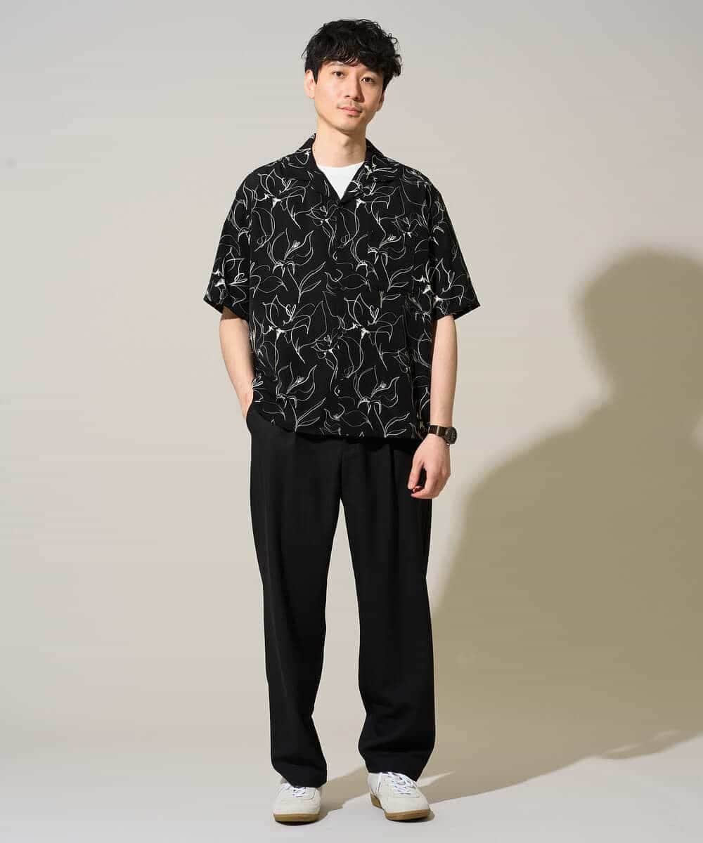 KHBGD48069 a.v.v MEN(アー・ヴェ・ヴェ) 【イージーケア/洗濯機で洗える/速乾/接触冷感/毛玉になりにくい】センガプリントゴブソテオープンカラーシャツ ブラック