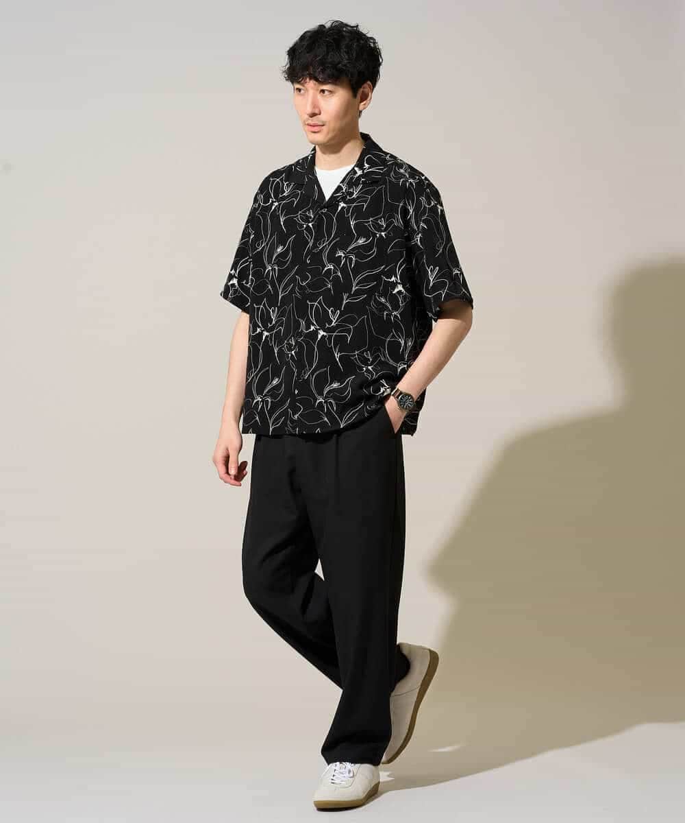 KHBGD48069 a.v.v MEN(アー・ヴェ・ヴェ) 【イージーケア/洗濯機で洗える/速乾/接触冷感/毛玉になりにくい】センガプリントゴブソテオープンカラーシャツ ブラック