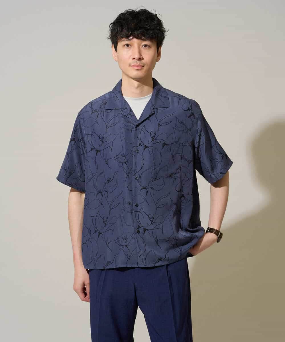 KHBGD48069 a.v.v MEN(アー・ヴェ・ヴェ) 【イージーケア/洗濯機で洗える/速乾/接触冷感/毛玉になりにくい】センガプリントゴブソテオープンカラーシャツ ブラック