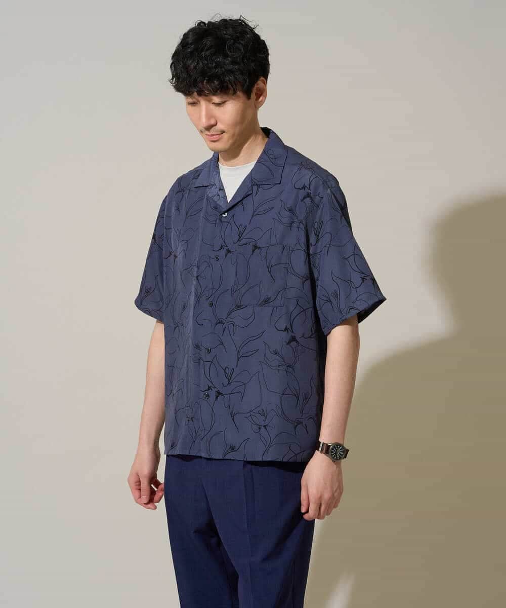 KHBGD48069 a.v.v MEN(アー・ヴェ・ヴェ) 【イージーケア/洗濯機で洗える/速乾/接触冷感/毛玉になりにくい】センガプリントゴブソテオープンカラーシャツ ブラック