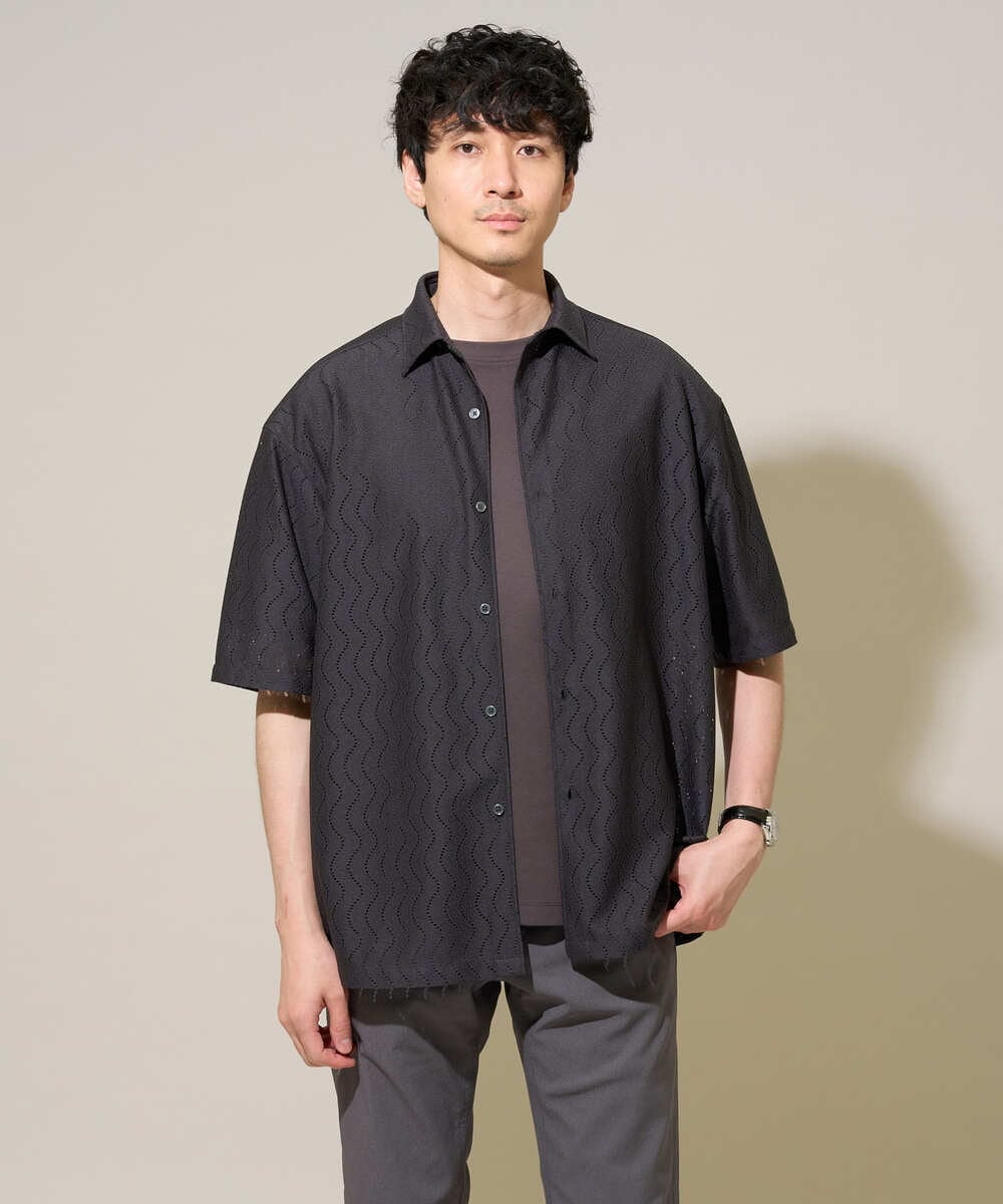 KHBGD49069 a.v.v MEN(アー・ヴェ・ヴェ) ワンランク上の印象を与えるカジュアルシャツ【イージーケア/洗濯機で洗える/毛玉になりにくい】スカシウェーブゴブソデオープンカラーシャツ オレンジ