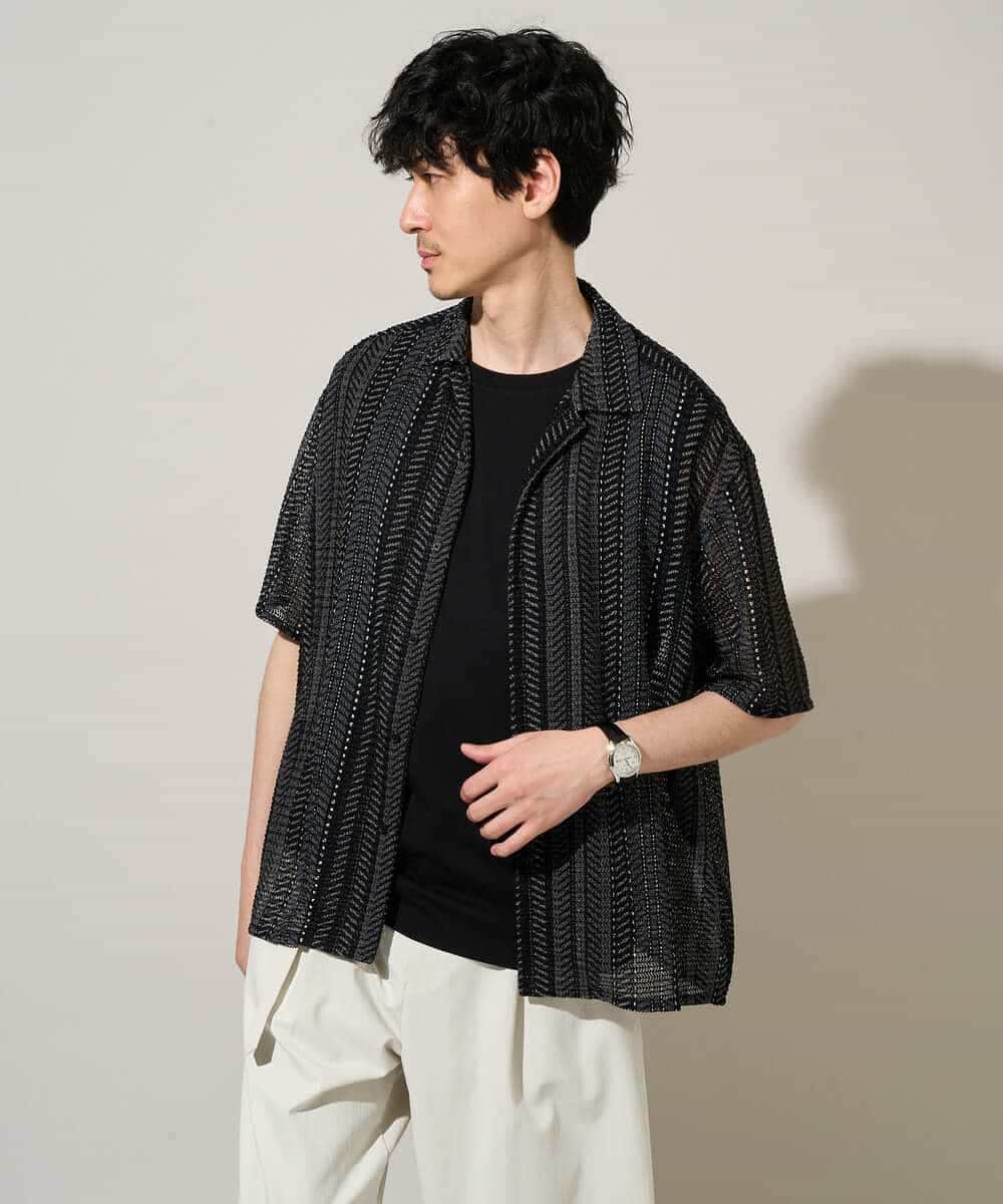 KHBGD61069 a.v.v MEN(アー・ヴェ・ヴェ) 【洗濯機で洗える】ワイドストライプゴブソデオープンカラーシャツ ダークグレー