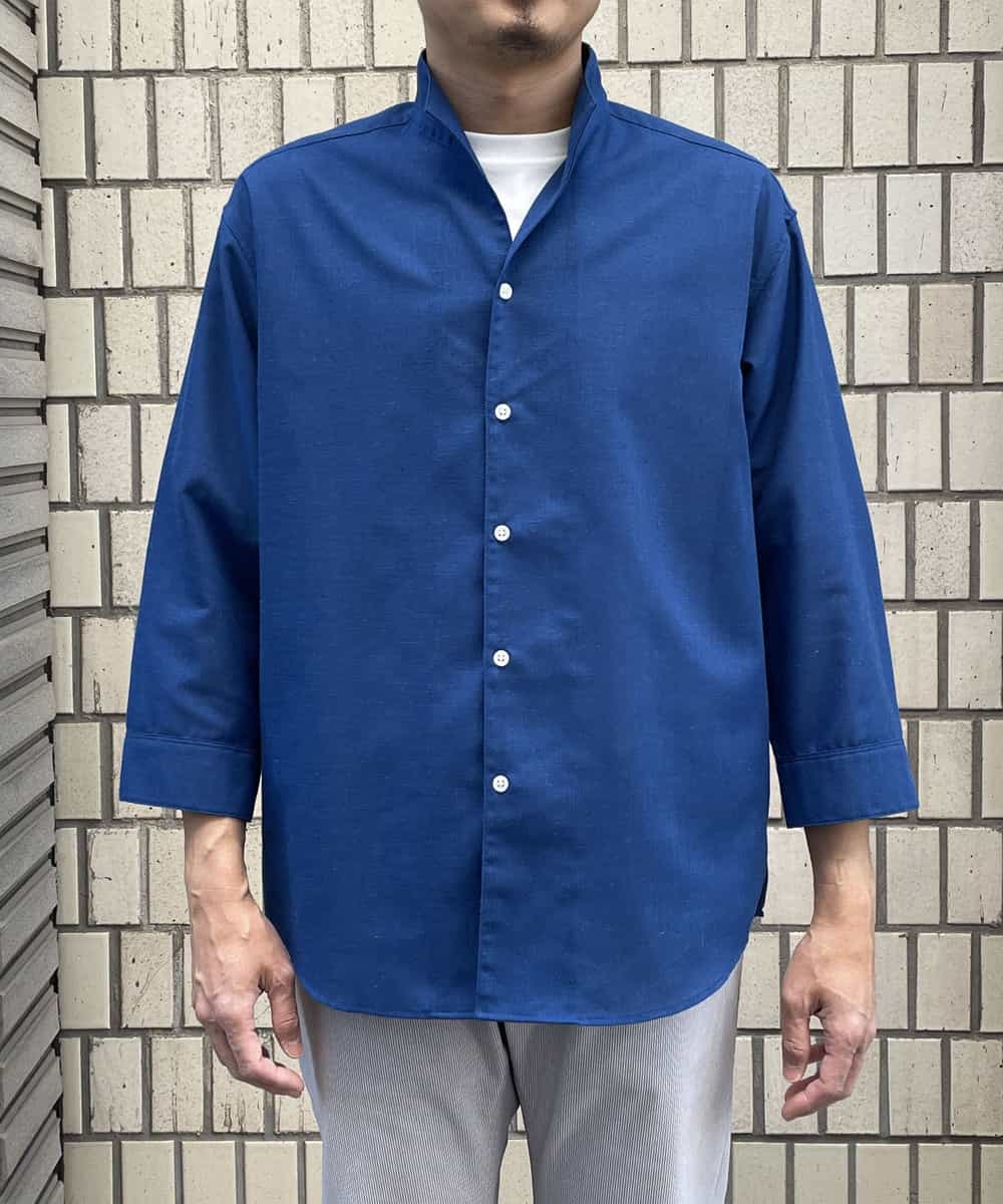 KHBGS33049 a.v.v MEN(アー・ヴェ・ヴェ) 【接触冷感/防シワ】さらさらリネン混スタンドカラーシャツ(8分袖） ブルー