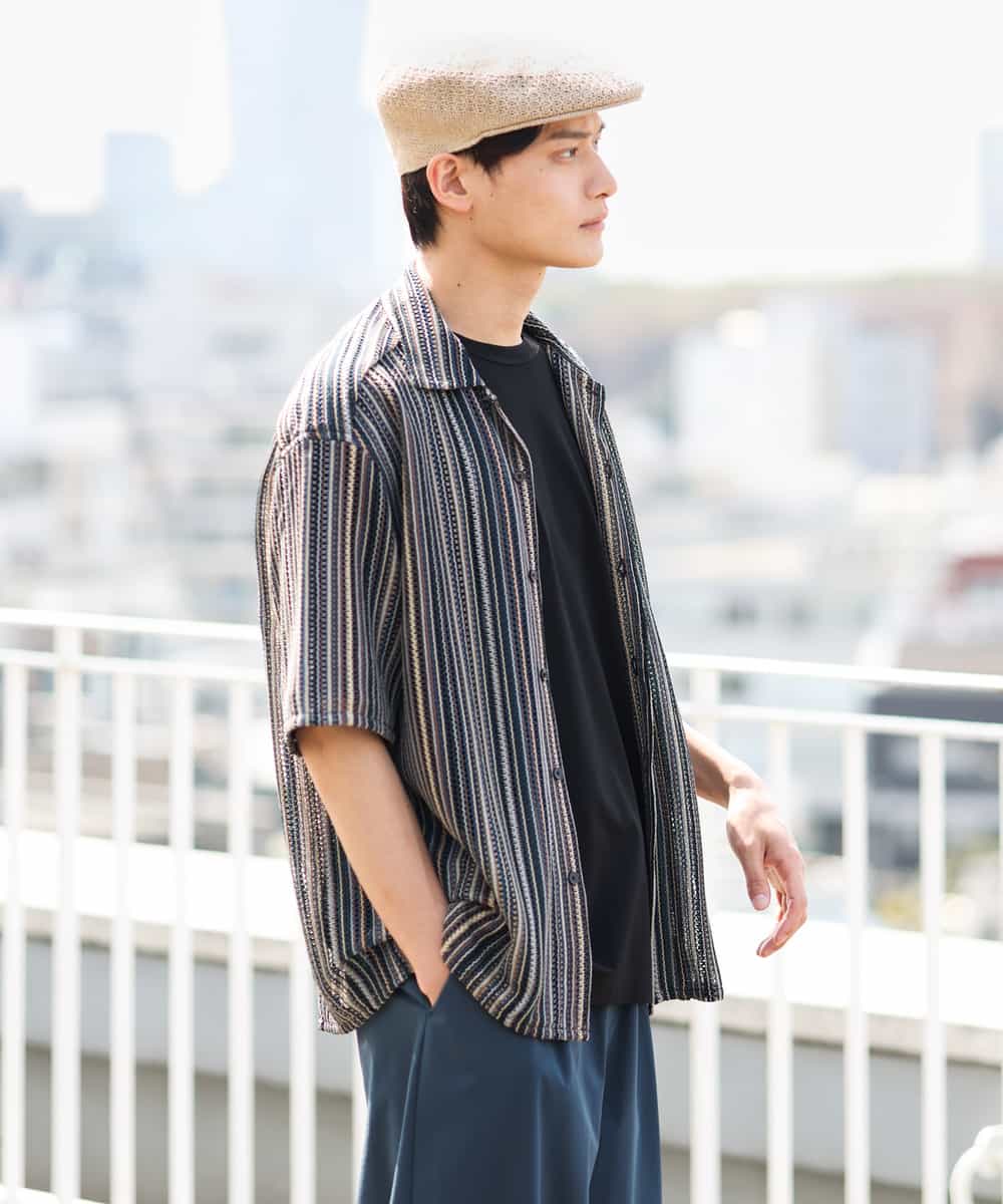 KHBGS58069 a.v.v MEN(アー・ヴェ・ヴェ) ラッセルレース五分袖シャツ ライトブルー