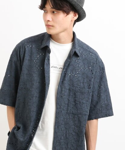 KHBGS59069 a.v.v MEN フラワーレース五分袖ワイドシャツ