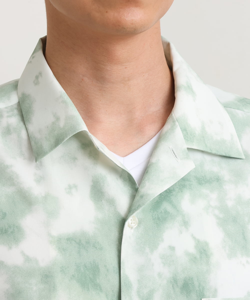 KHBGS62059 a.v.v MEN(アー・ヴェ・ヴェ) ムラ染風プリントシャツ(五分袖) グリーン