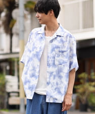 KHBGS62059 a.v.v MEN(アー・ヴェ・ヴェ) ムラ染風プリントシャツ(五分袖) ライトブルー